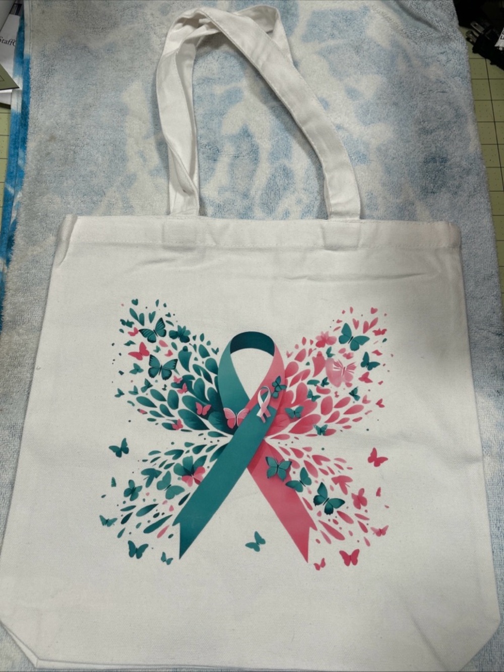 White Canvas Tote Bag with Teal & Pink Ribbon Design